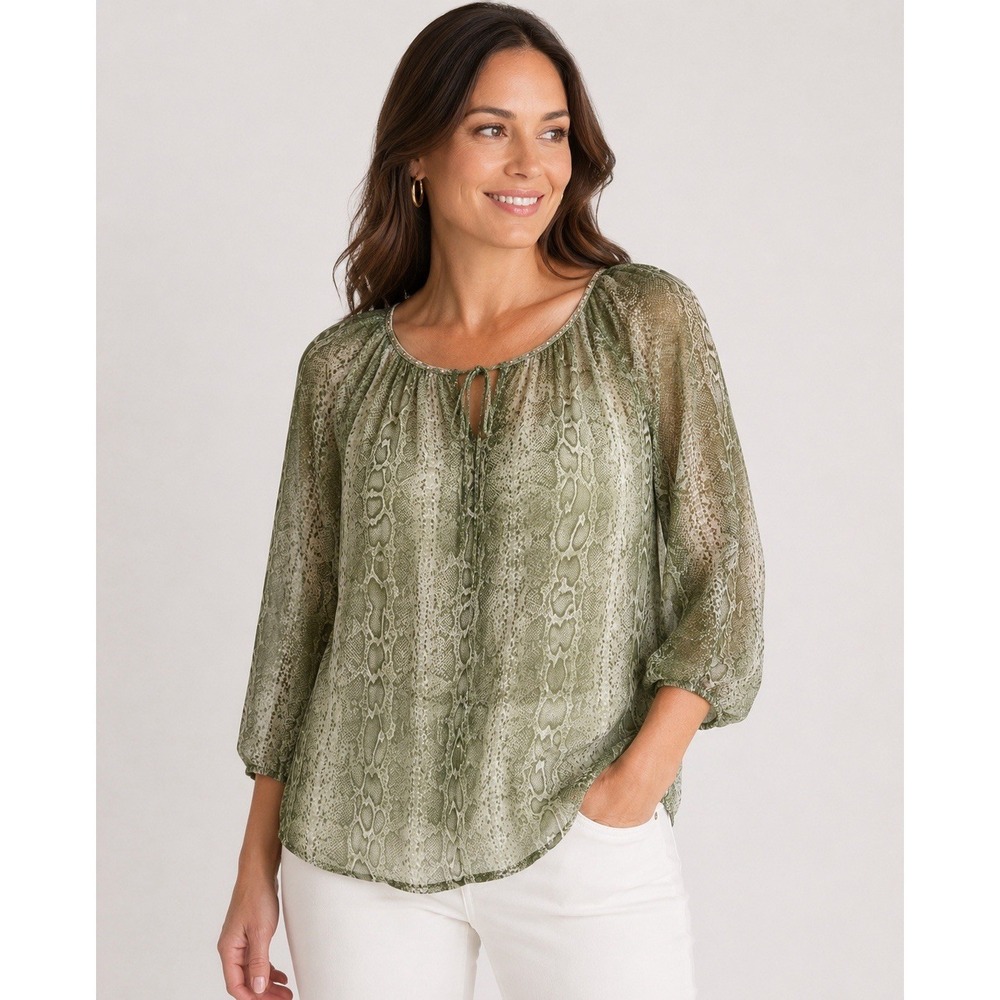 Hearts of Palm Sheer Snake Print Peasant Blouse Green Size 12 Boho‎ Top